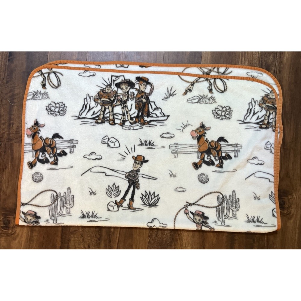 Vintage Disney Toy Story Woody's Roundup Plush Fleece Throw Blanket Orange Trim